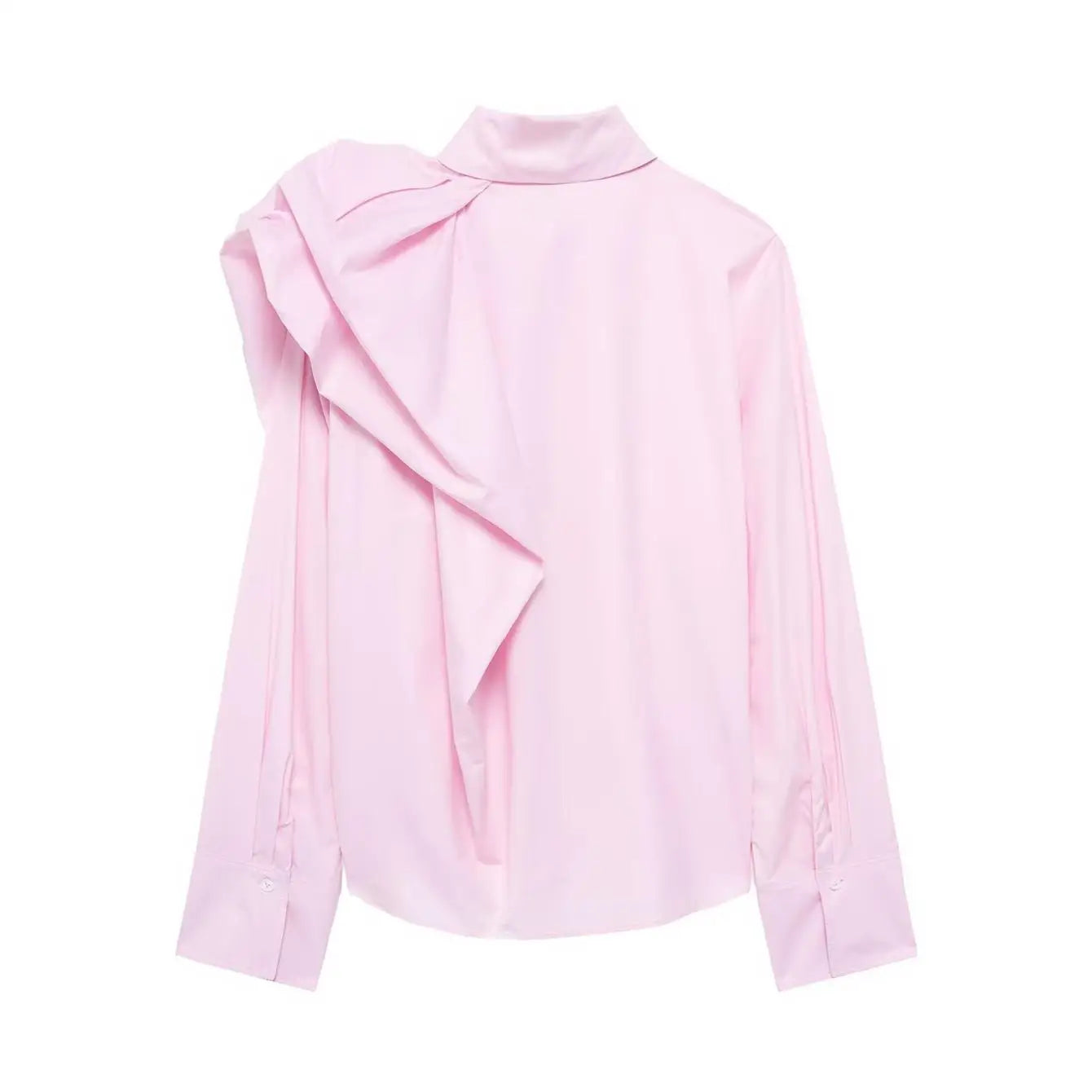 Women Long Sleeve Blouse with Turn Down Collar Pink Spring Top Chic Shoulder Design Office Shirt for Ladies