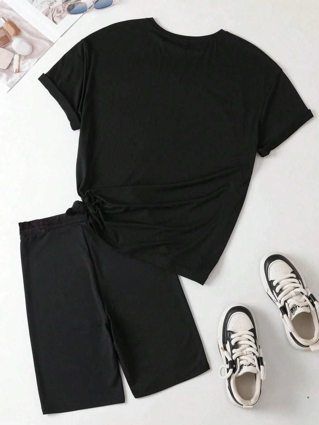 Breathable Cotton Two Piece Set Featuring Lady Wearing Mask Print Short Sleeve T-Shirt and Soft Polyester Hip Hop Style Shorts for Women