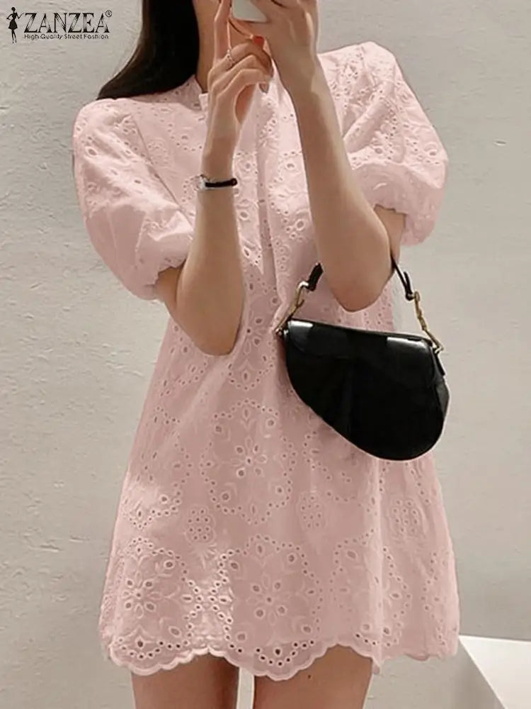 Cotton Sundress With Puff Sleeve Mini For Women Round Neck