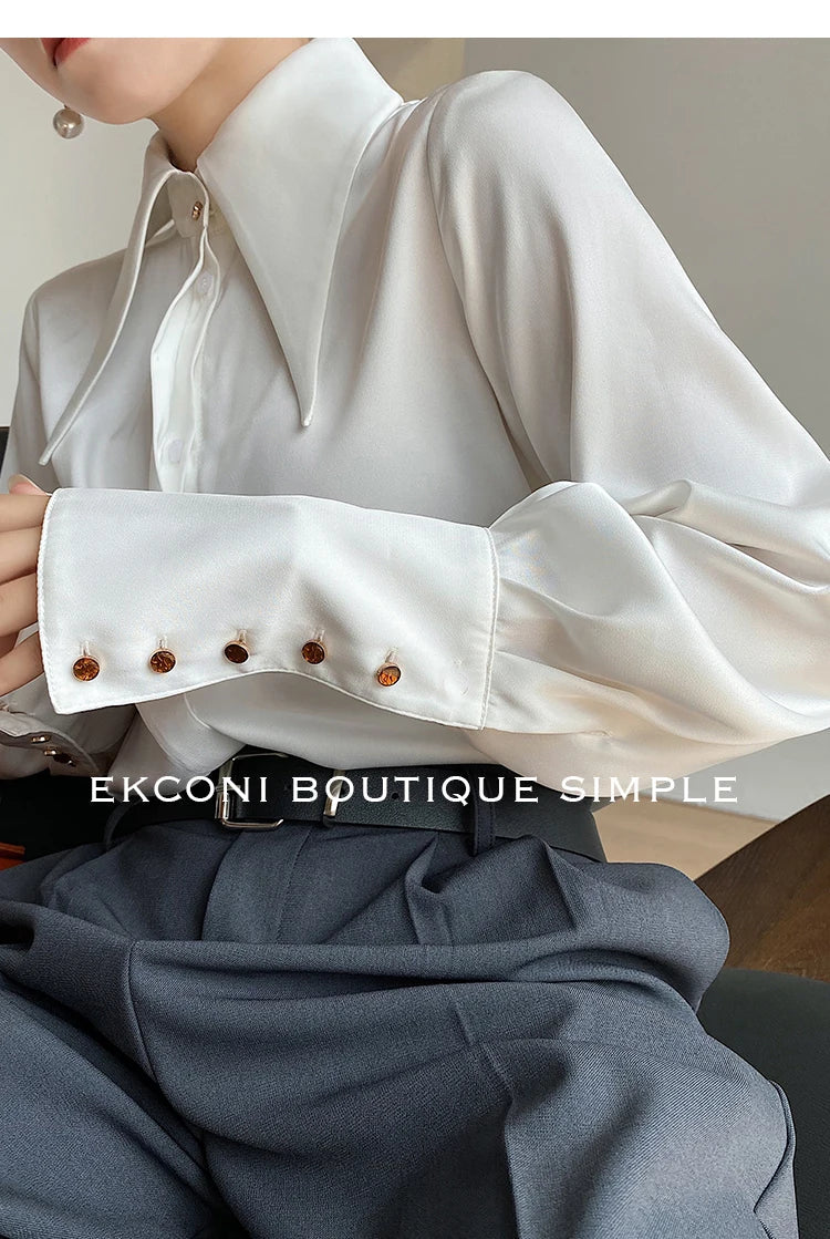 Elegant Turn Down Collar Satin Silk Blouse Vintage Button Closure White Lantern Sleeve Office Lady Shirt Chic Feminine Top