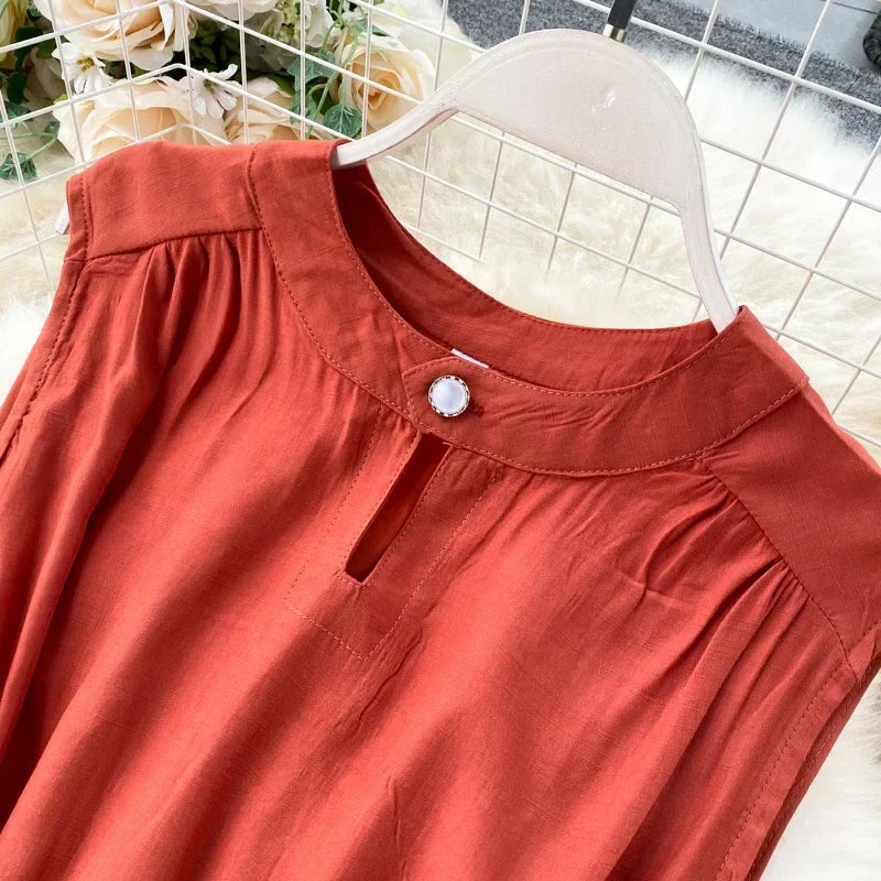 Sleeveless Summer Dress Solid Colors Green Blue Yellow Casual