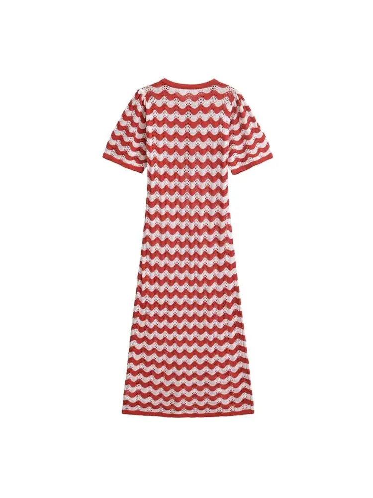 Women's Striped Knit Midi Dress With Front Button O Neck