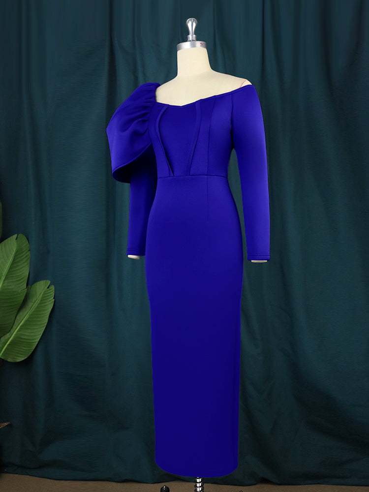 Blue Off Shoulder Bodycon Dress With Long Sleeve High Waist