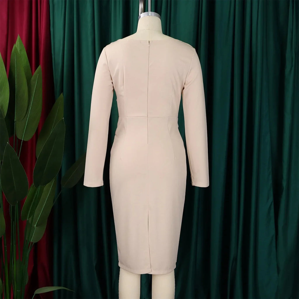 Professional Midi Office Dress for Women with Long Sleeves