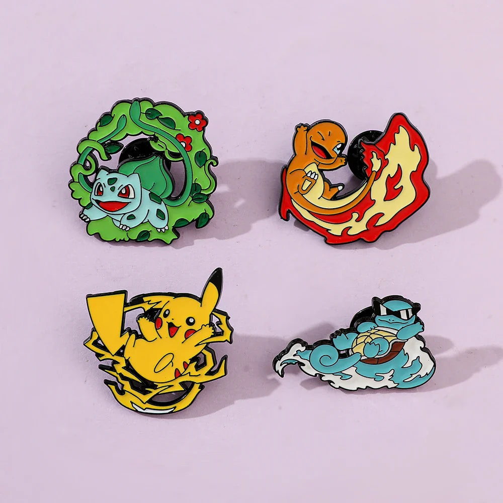 Cute Cartoon Pocket Monsters Enamel Brooch Set for Bags - 4 Pcs Creative Animated Character Accessories