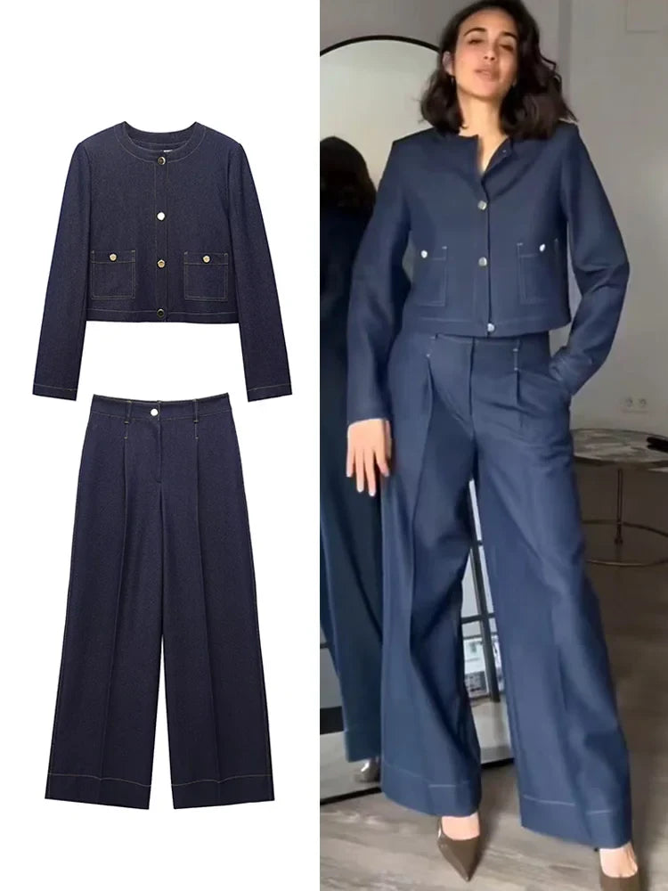 Fashion Women Solid Jacket and Wide Leg Pant Set with Cropped Coat and Zipper Details