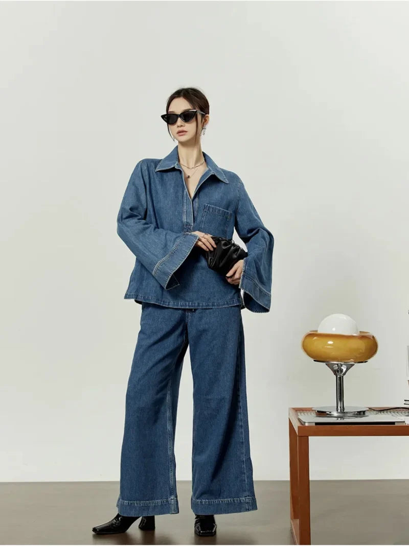 Casual Open Collar Pocket Denim Top and Loose Wide Leg Drawstring Waist Denim Pants Two Piece Set for Women