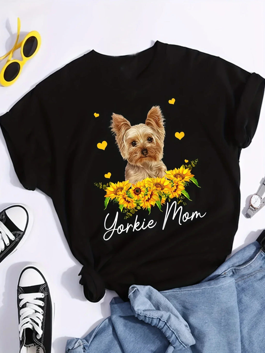 Sunflower Yorkie Mom Graphic T-Shirt Casual Short Sleeve Crew Neck for Women