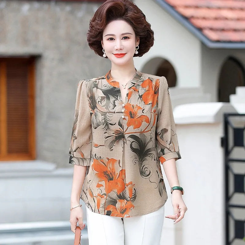 Summer Vintage Floral Blouse for Women Single-Breasted Round Neck Half Sleeve Casual Shirt with Broken Flower Print