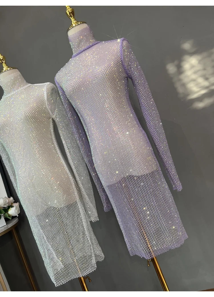 Rhinestone High Neck Glitter Party Dress Mid Length