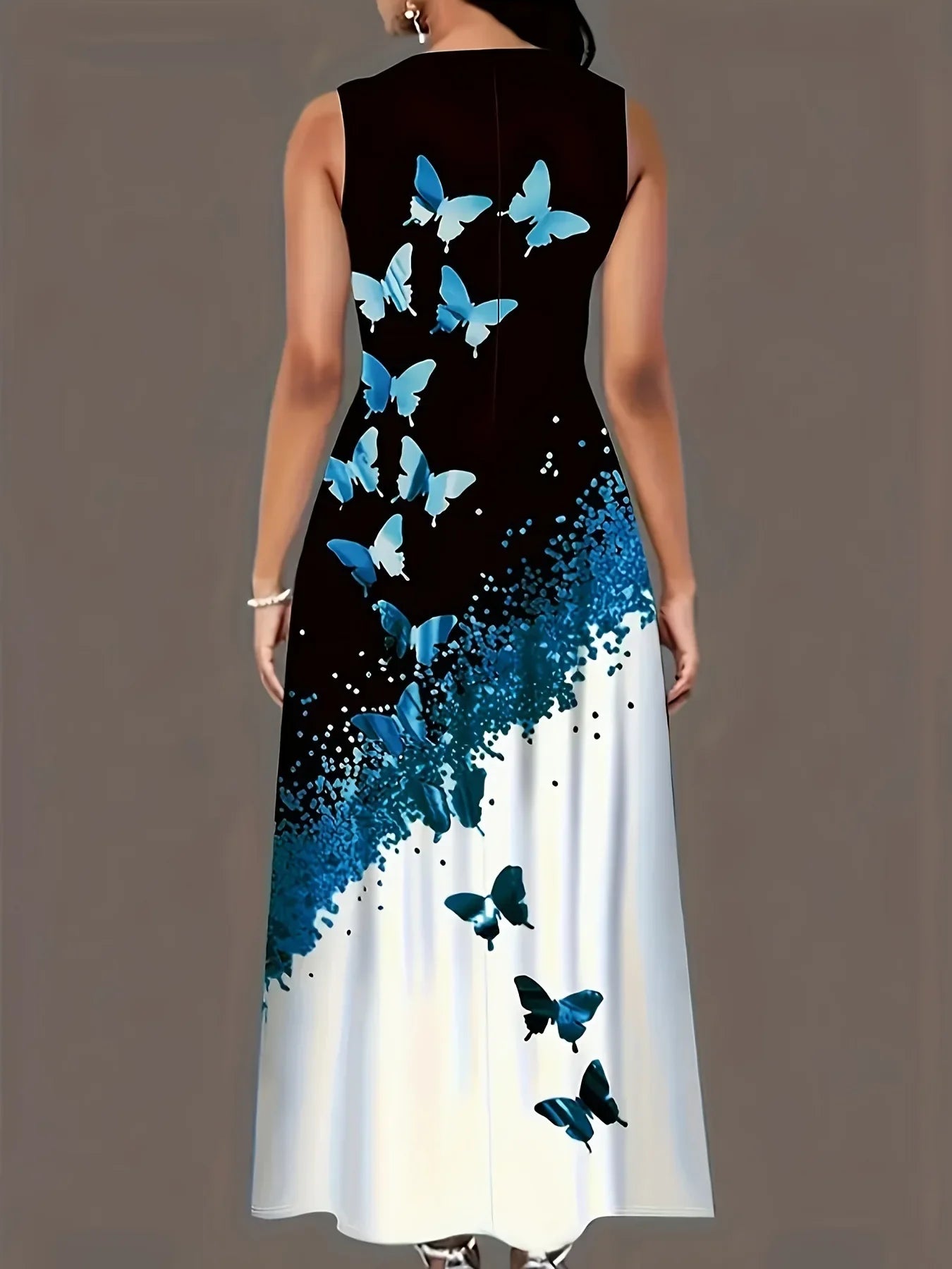 Butterfly Print A Line Summer Dress Front Pockets Style