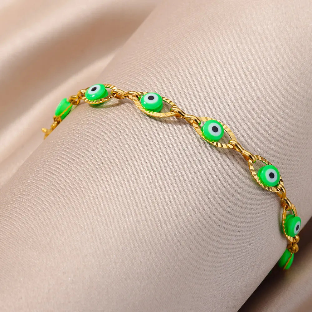 Gothic Rainbow Evil Eye Bracelet for Women Stainless Steel Gold Color Turkish Charm Chain Jewelry