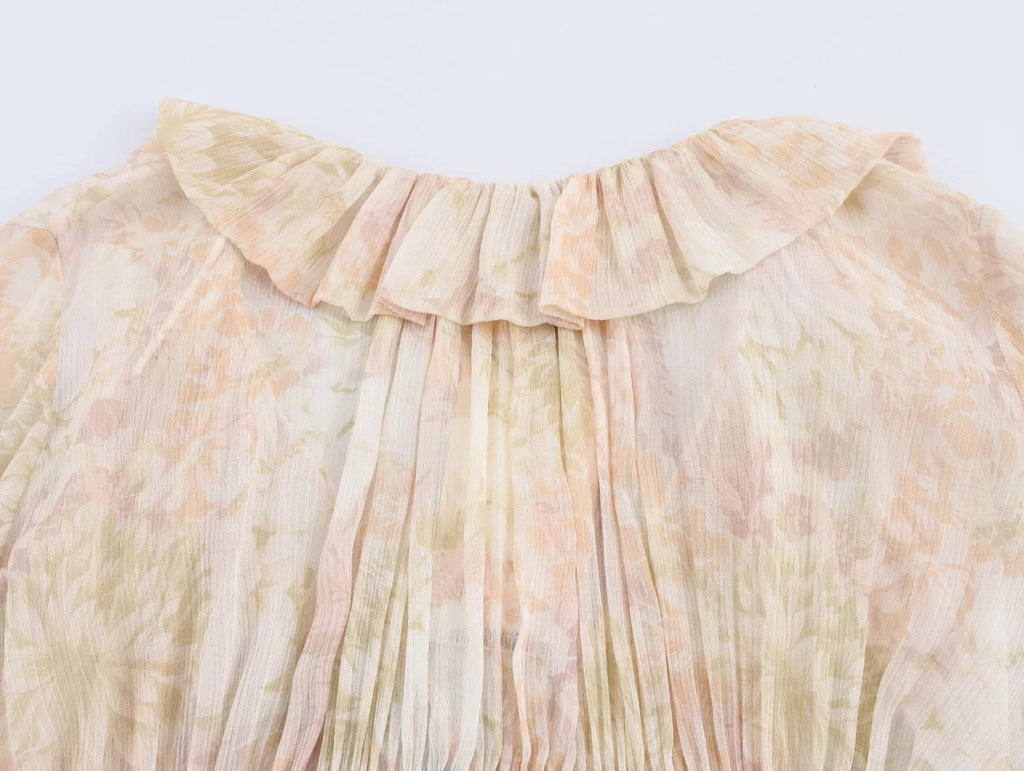 Loose Printed Blouse for Women with Pleated V-Neck Lantern Sleeves Single-Breasted Casual Pullover Shirt Chic Lightweight Spring Summer Top