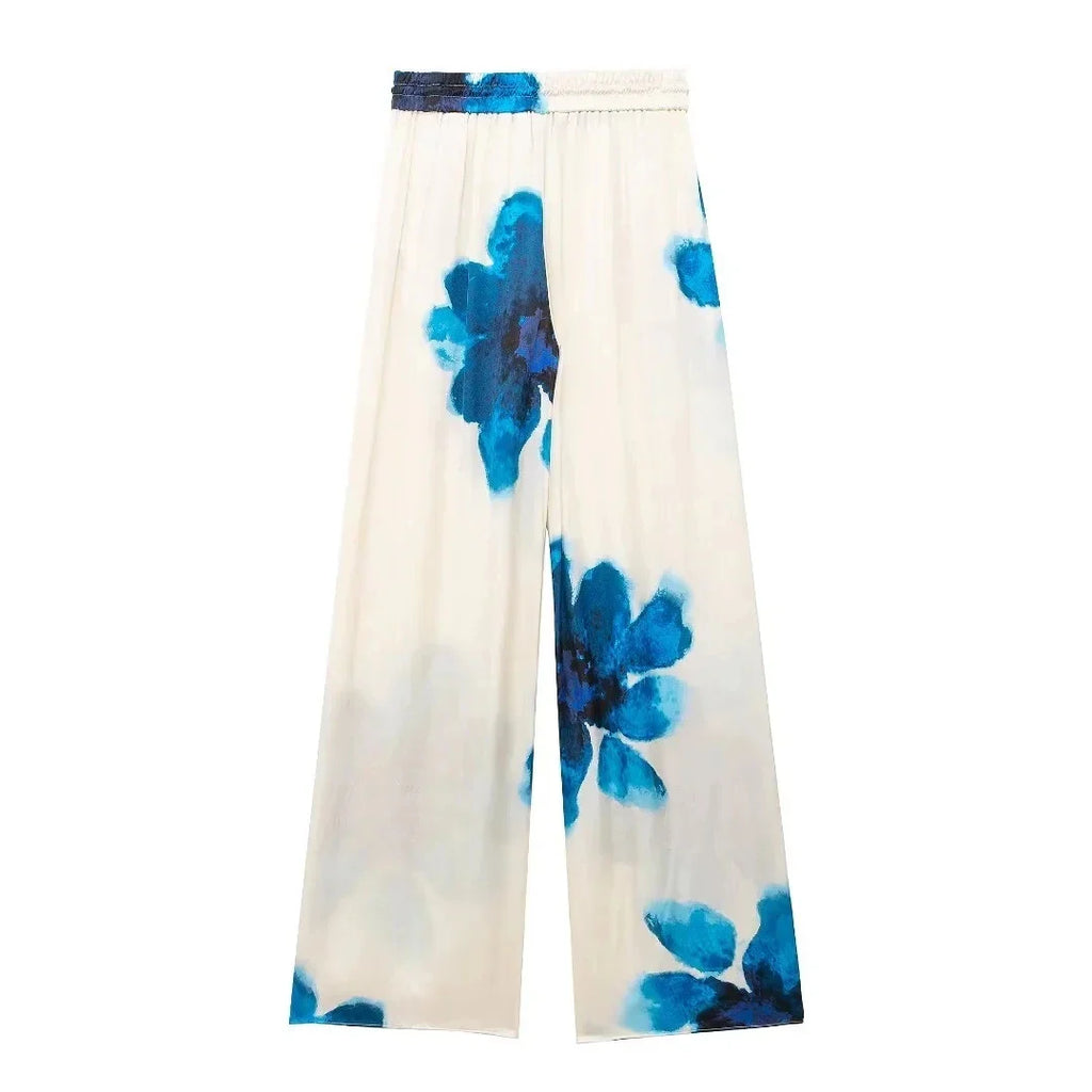 Elegant Floral Print 2 Piece Women's Suit with Long Sleeve Lapel Blouse and Drawstring Wide Leg Pants Casual Outfit