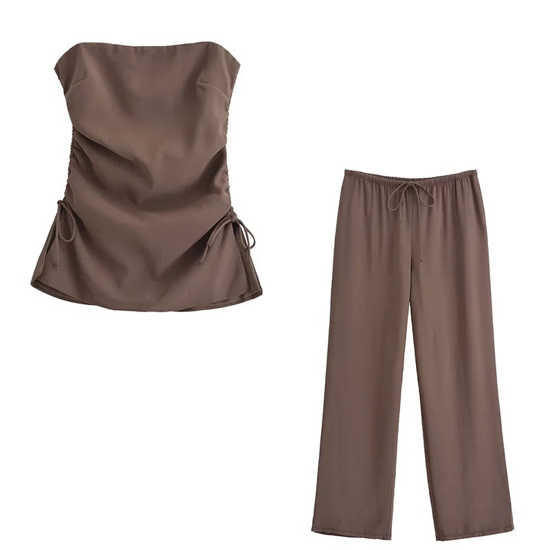 Flowing Two Piece Outfit for Women with Strapless Top and Drawstring Trousers