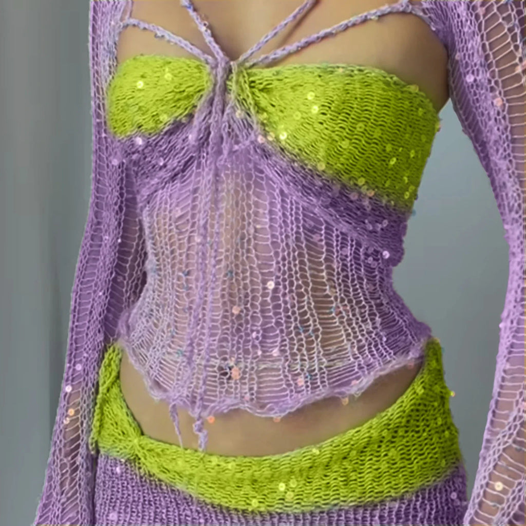 Sequin Crochet Three Piece Dress Set For Women Y2K Style