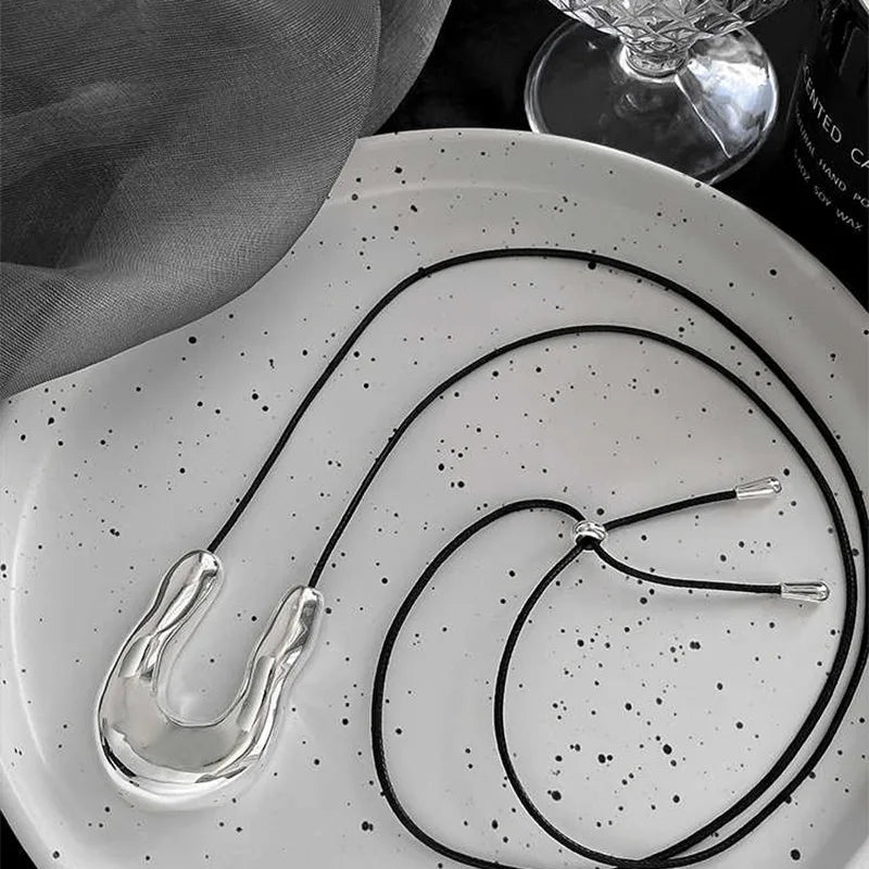 Punk Large U-Shape Geometric Pendant Necklace for Men and Women Adjustable Leather Rope Sweater Chain Jewelry