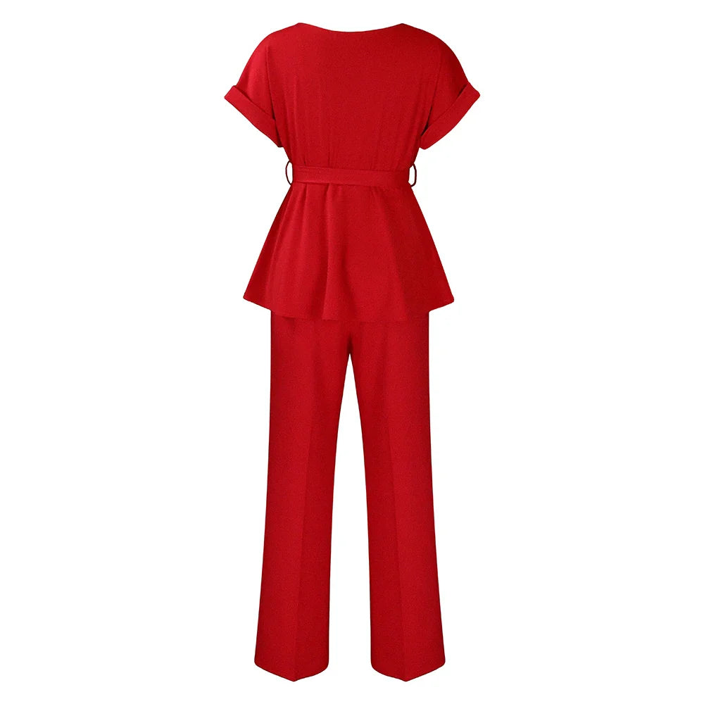 Women's Elegant 2 Piece Pants Set with Solid Blouse Short Sleeve O Neck and Long Trousers