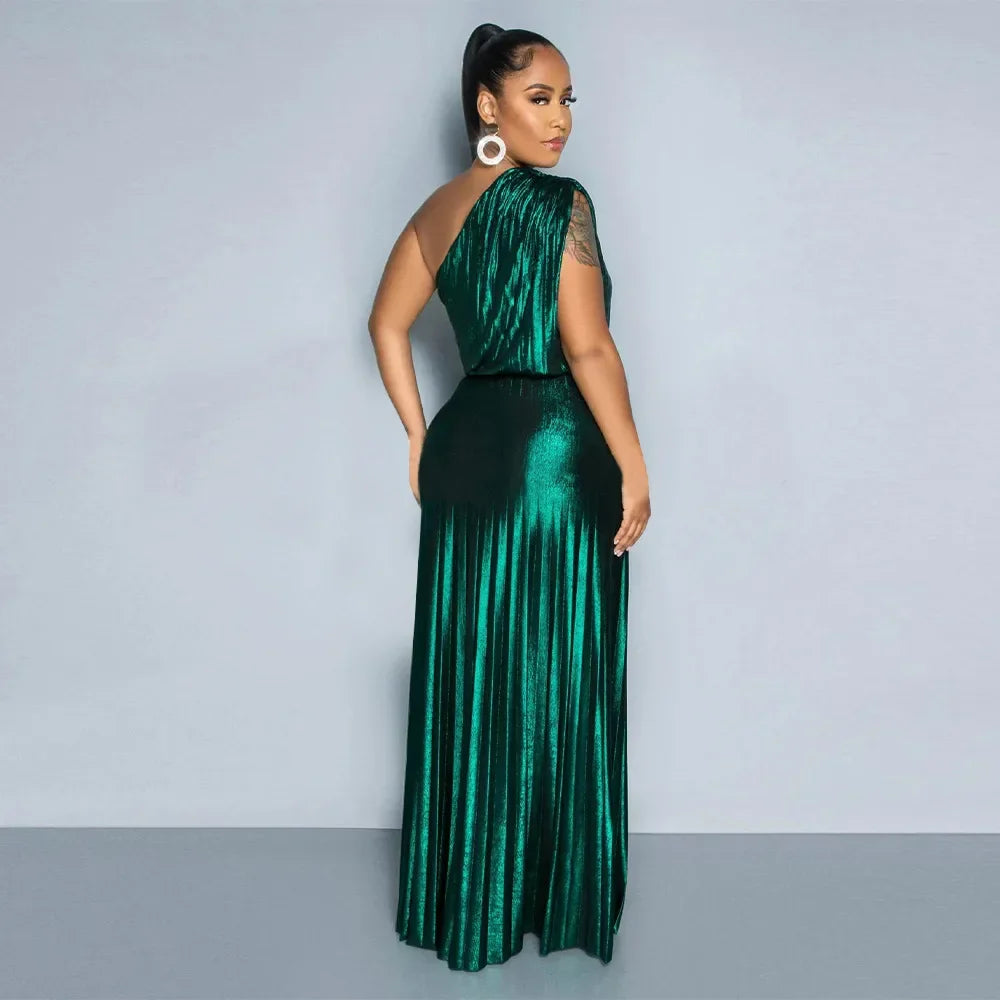 One Shoulder Metallic Pleated Maxi Dress Evening Gown