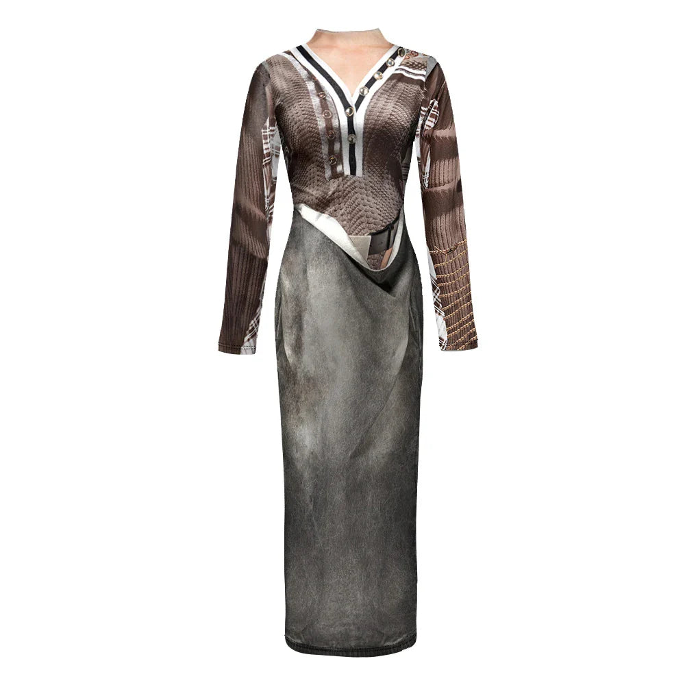 Color Block Maxi Dress With Mock Neck Long Sleeve Style