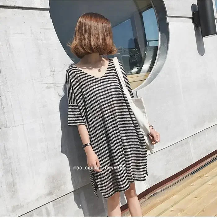 Summer Women's Striped T-Shirt Dress Loose Fit Short Sleeve Casual Tee for Home Wear