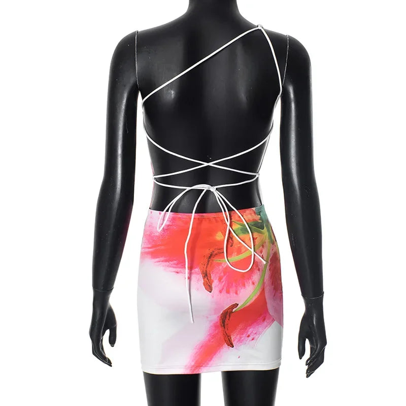 One Shoulder Floral Print Mini Dress Backless Bandage