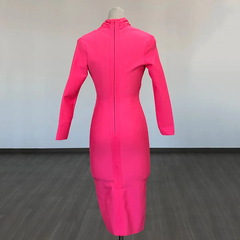 Colorful Deep V Bandage Dress Long Sleeve Bodycon Dress