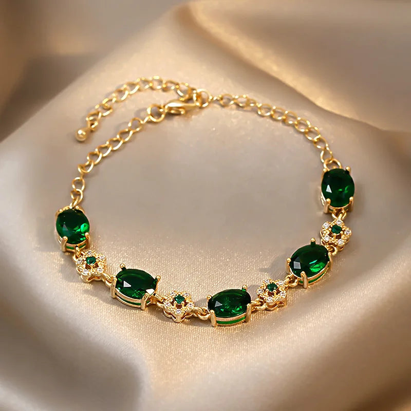 Luxury Green Rhinestone Crystal Bracelet for Women with Gold Color Link Chain - Vintage Geometric Design for Party Wedding or Bridal Jewelry Gifts