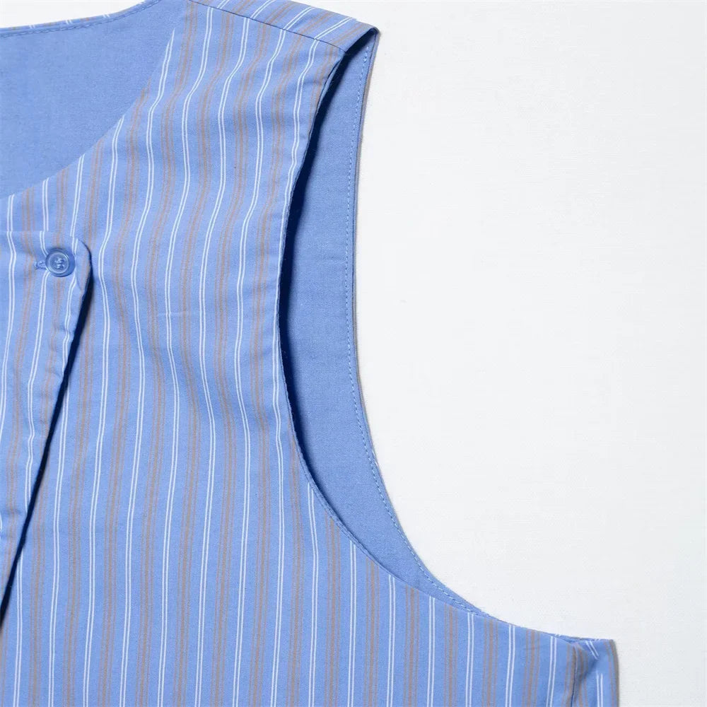 Womens Light Blue Pinstripe Suit Set with Sleeveless Asymmetric Vest and Wide Leg Pants for Stylish Office Attire