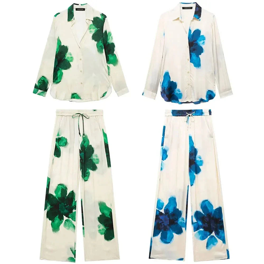 Elegant Floral Print Two-Piece Suit for Women Long Sleeve Lapel Blouse and Drawstring Wide Leg Pants Casual Summer Outfit