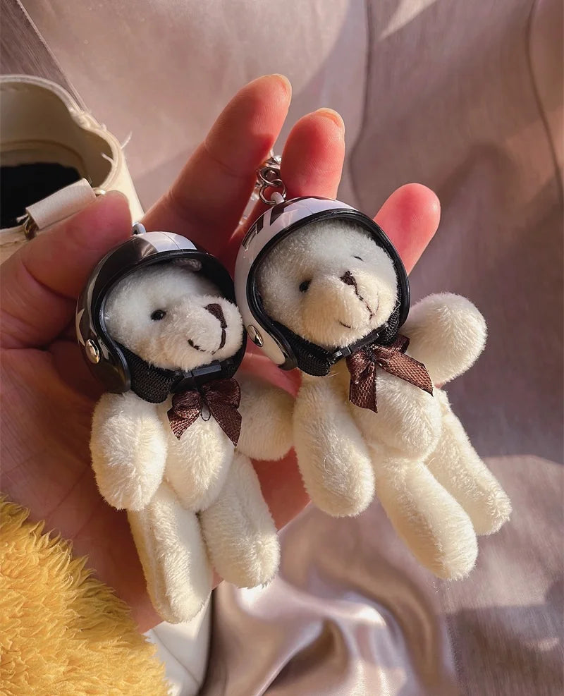 Helmeted Bear Charm Keychain Plush Ornament for Bags and Backpacks
