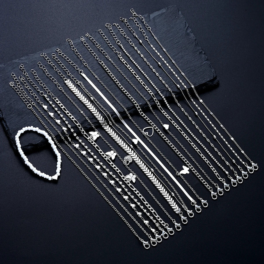 19 Pieces Silver Color Anklet Set for Women with Pearl Butterfly Heart and Crystal Foot Chains Daily Fashion Jewelry