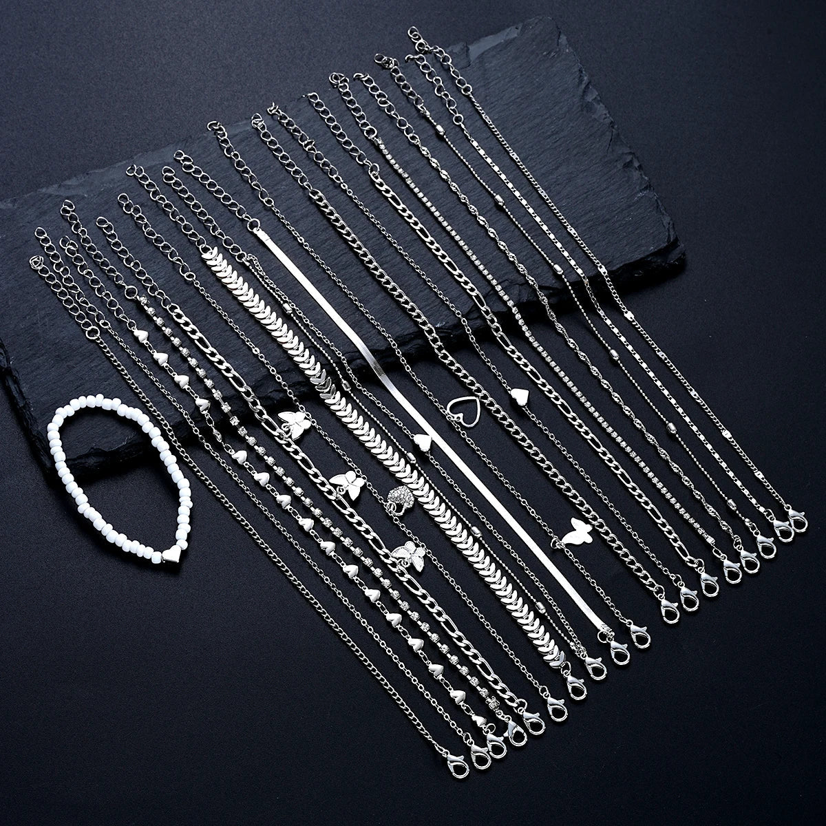 19 Pieces Silver Color Anklet Set for Women with Pearl Butterfly Heart and Crystal Foot Chains Daily Fashion Jewelry