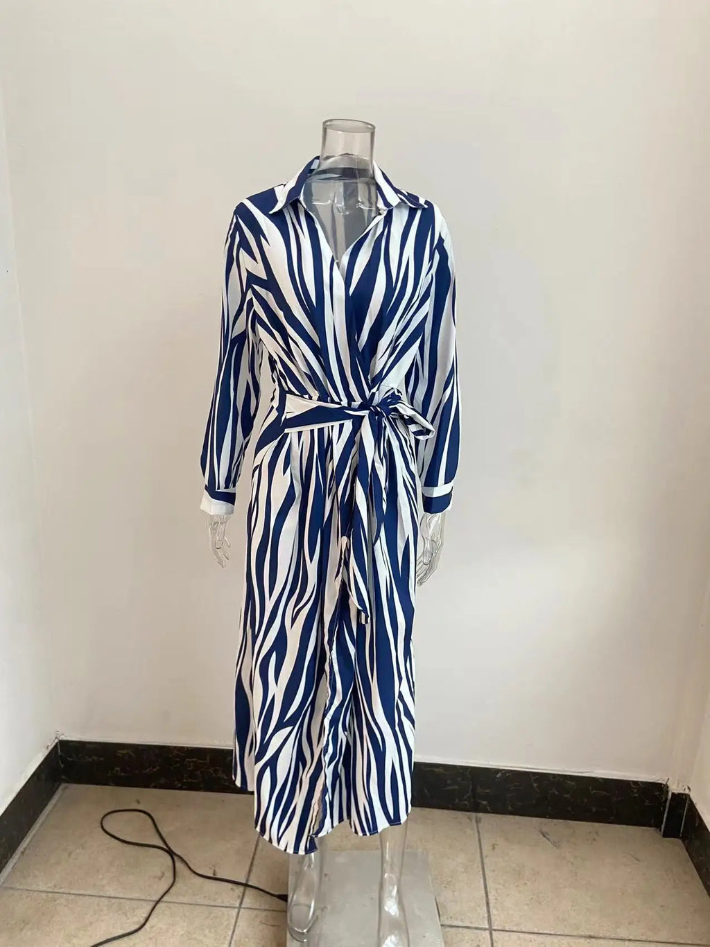 Printed Striped Shirt Collar Midi Dress For Women Everyday