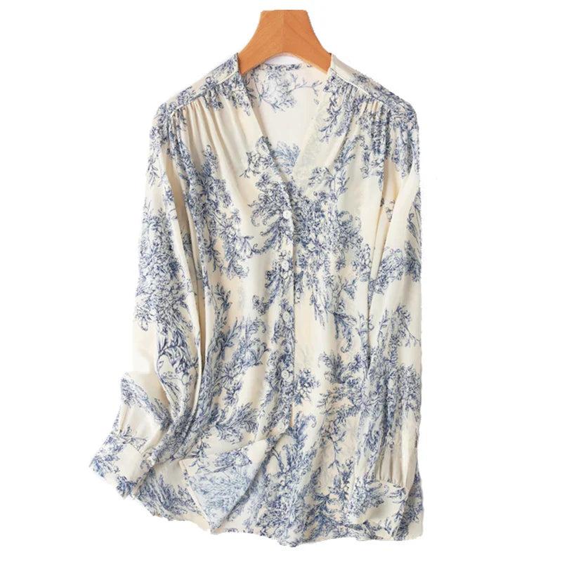 Women 100 Percent Mulberry Crepe Silk Shirt White Floral Button Down Long Sleeve Blouse Elegant Office Top M L XL