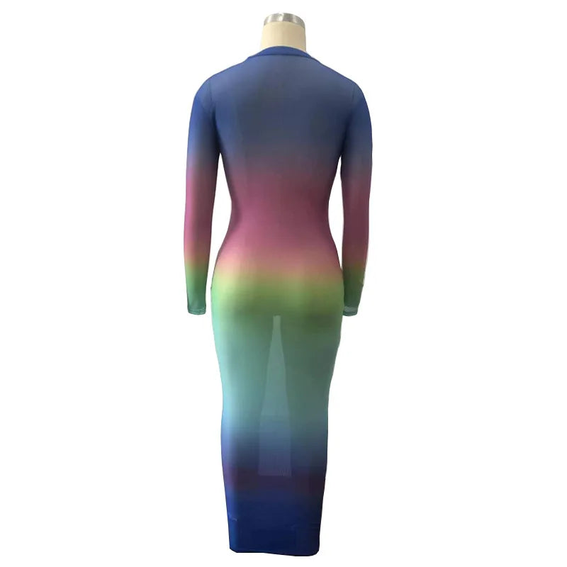 Rainbow Gradient Sheer O Neck Dress For Clubwear Nights