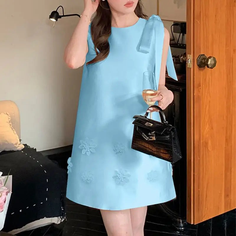 Elegant Korean Flower Bow Sleeveless Mini Dress For Women
