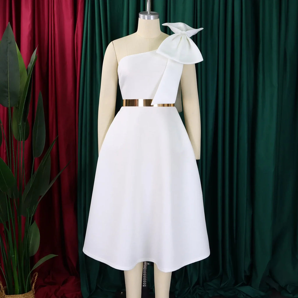 One Shoulder Bow Dress A Line Pleated Mid Calf Party Dress