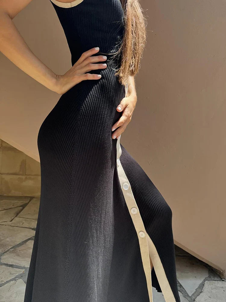 Sleeveless Ribbed Knit Dress V Neck Bodycon Long Dress