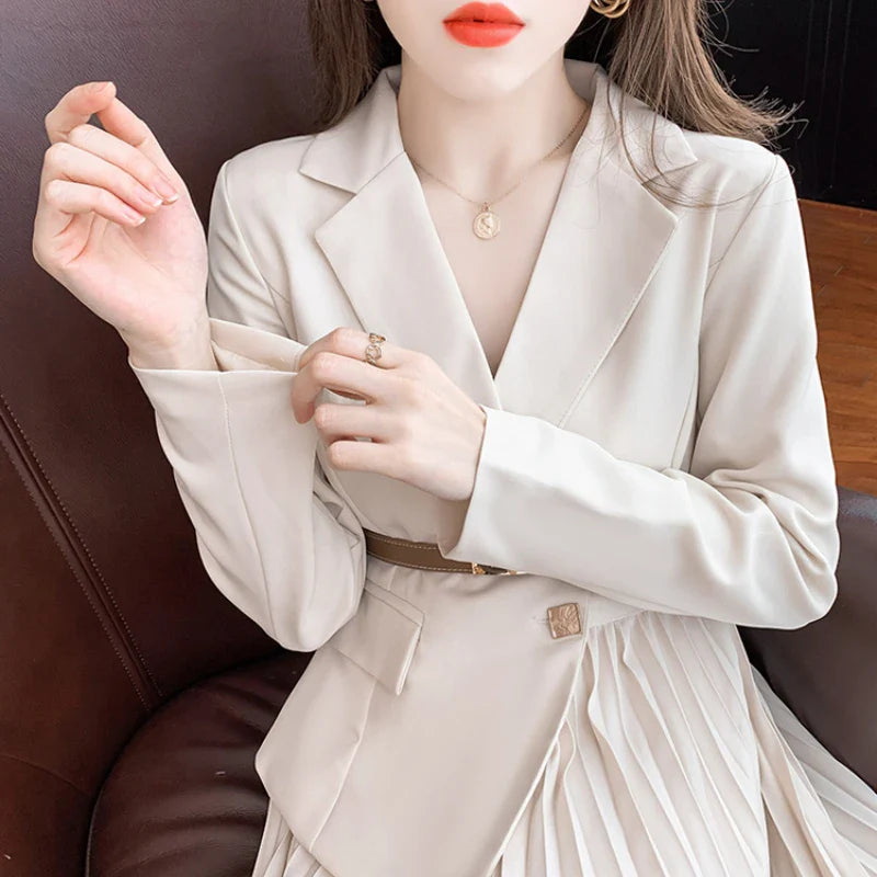 Faux Two Piece Dress With Blazer Collar Pleated Skirt