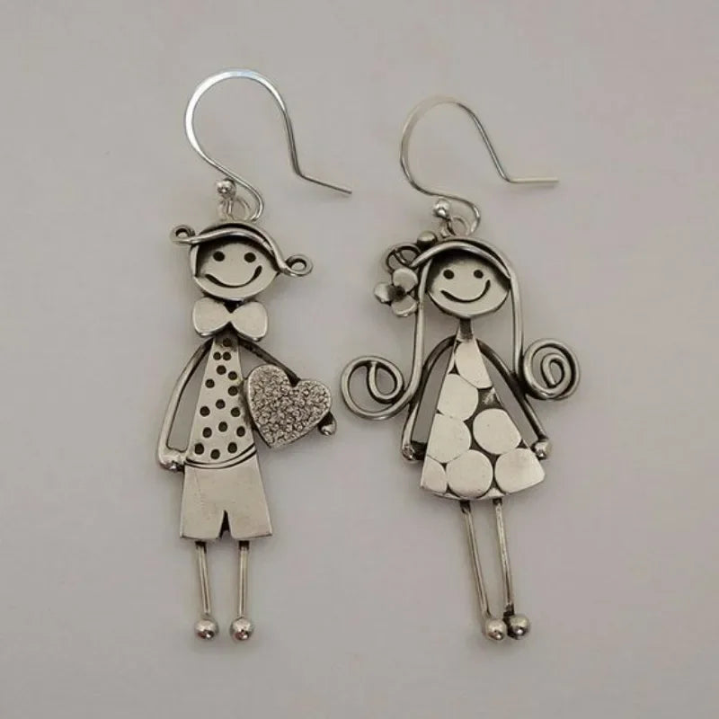 Creative Retro Minimalist Couple Character Metal Pendant Earrings for Women