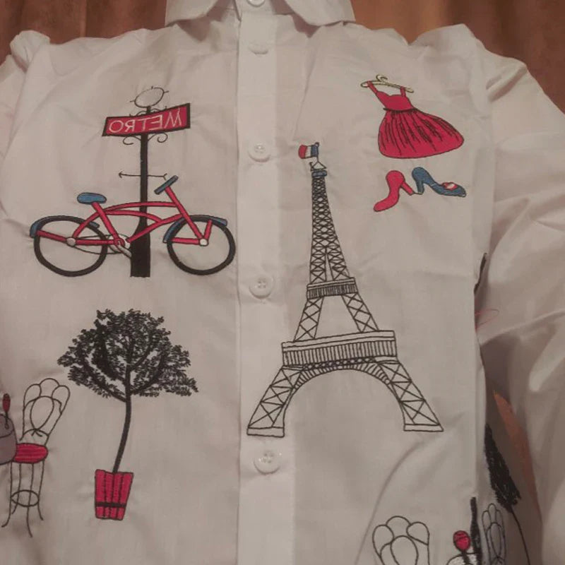 Women's Spring Autumn Cotton Blouse White Embroidered Long Sleeve Button-Up Shirt with Turn-Down Collar Casual Loose Fit Top