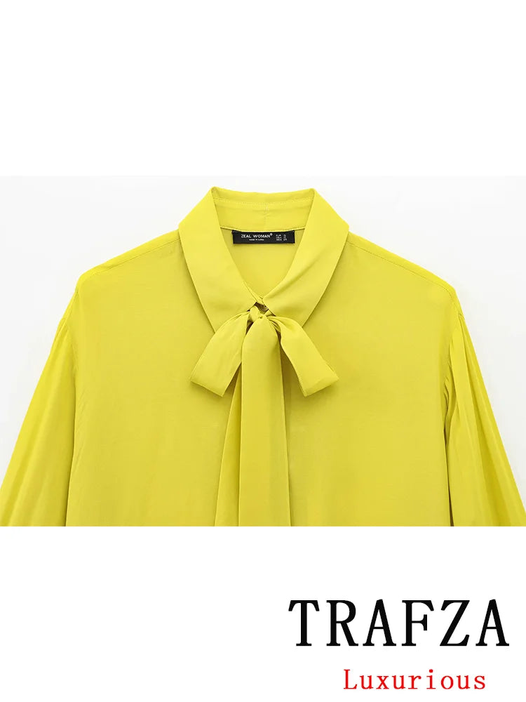 Yellow Chiffon Loose Fit Long Sleeve Shirt for Women with Bow Tie and Button Detail Casual Office Blouse