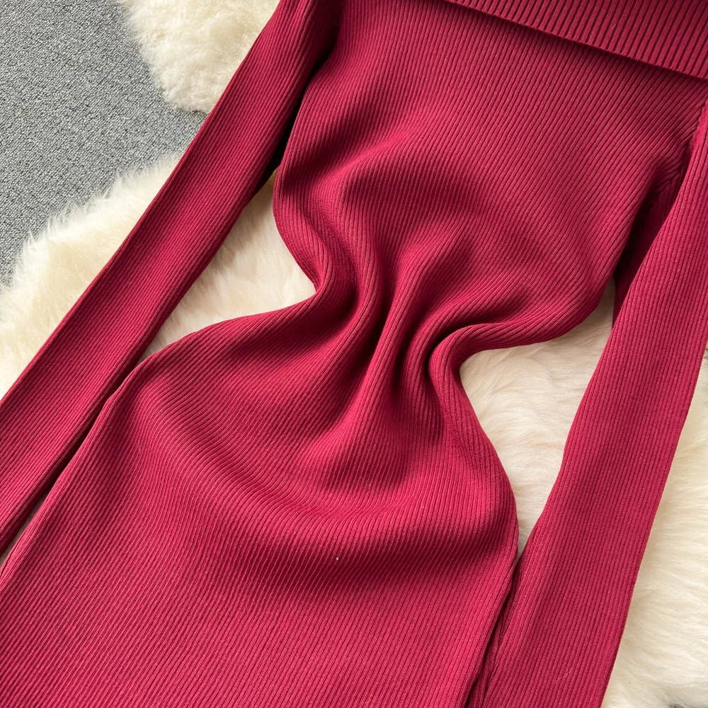 Elegant Knit Mermaid Dress Wrap Off Shoulder Long Sleeve