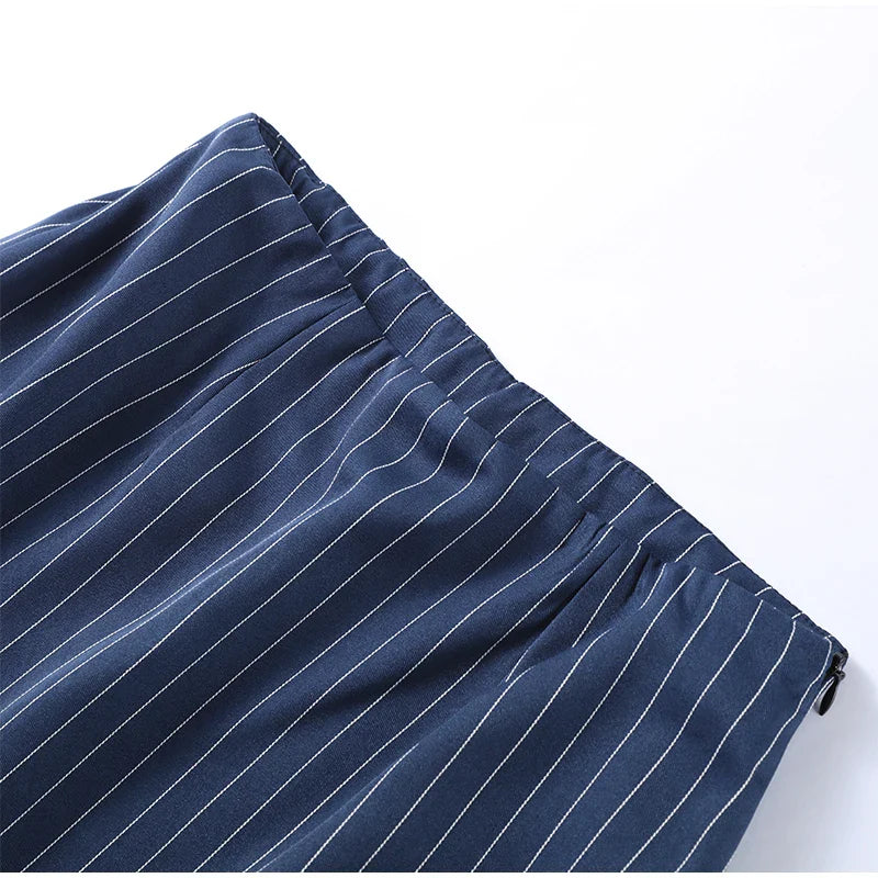 Women's Street Striped Blazer and Skirt Set Slim V-Neck Single Breasted Coat with Ribbon Accent Hip-Hugging Package Skirt Chic Spring Summer Outfit