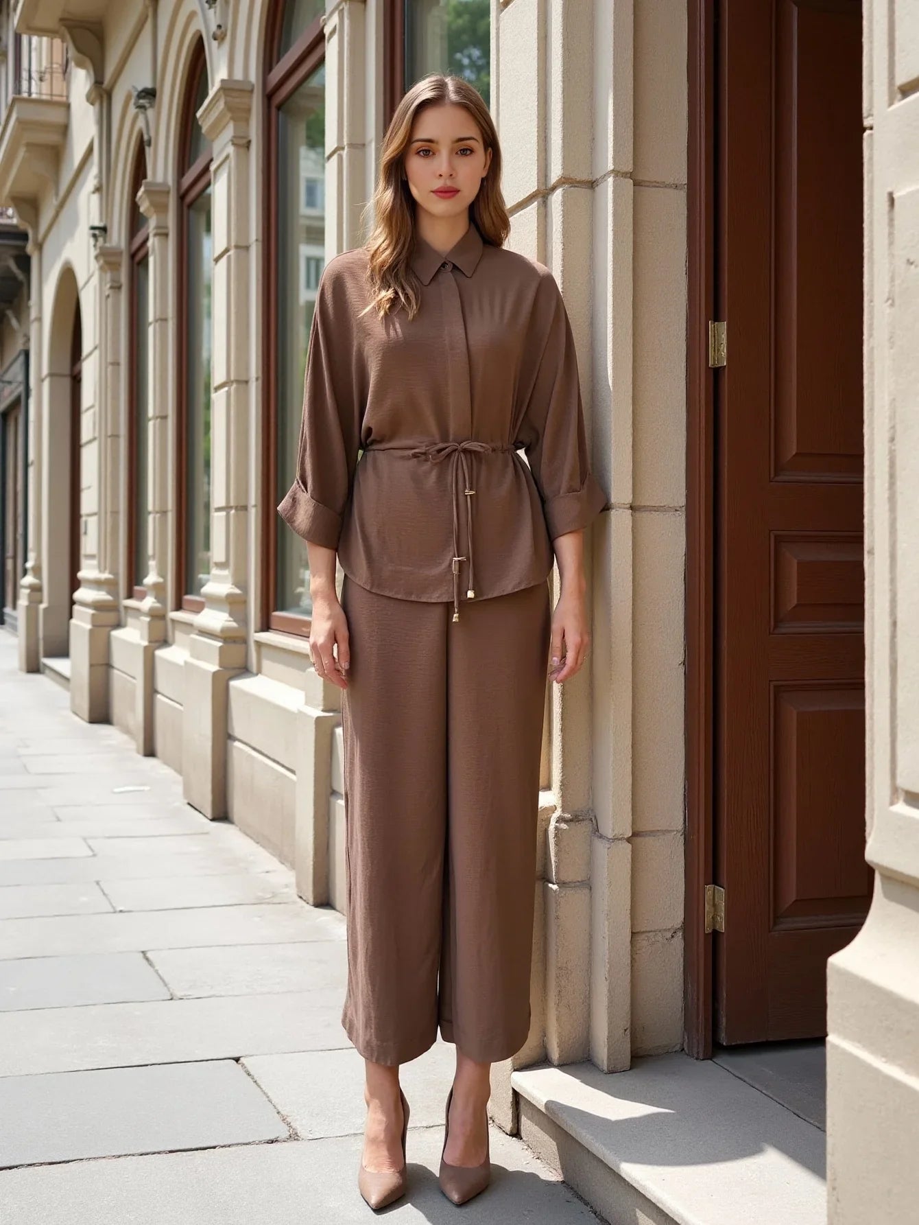 Fashion Women's Casual Pants Set with Solid Khaki Drawstring Waist Blouse and Elastic Waist Baggy Pants