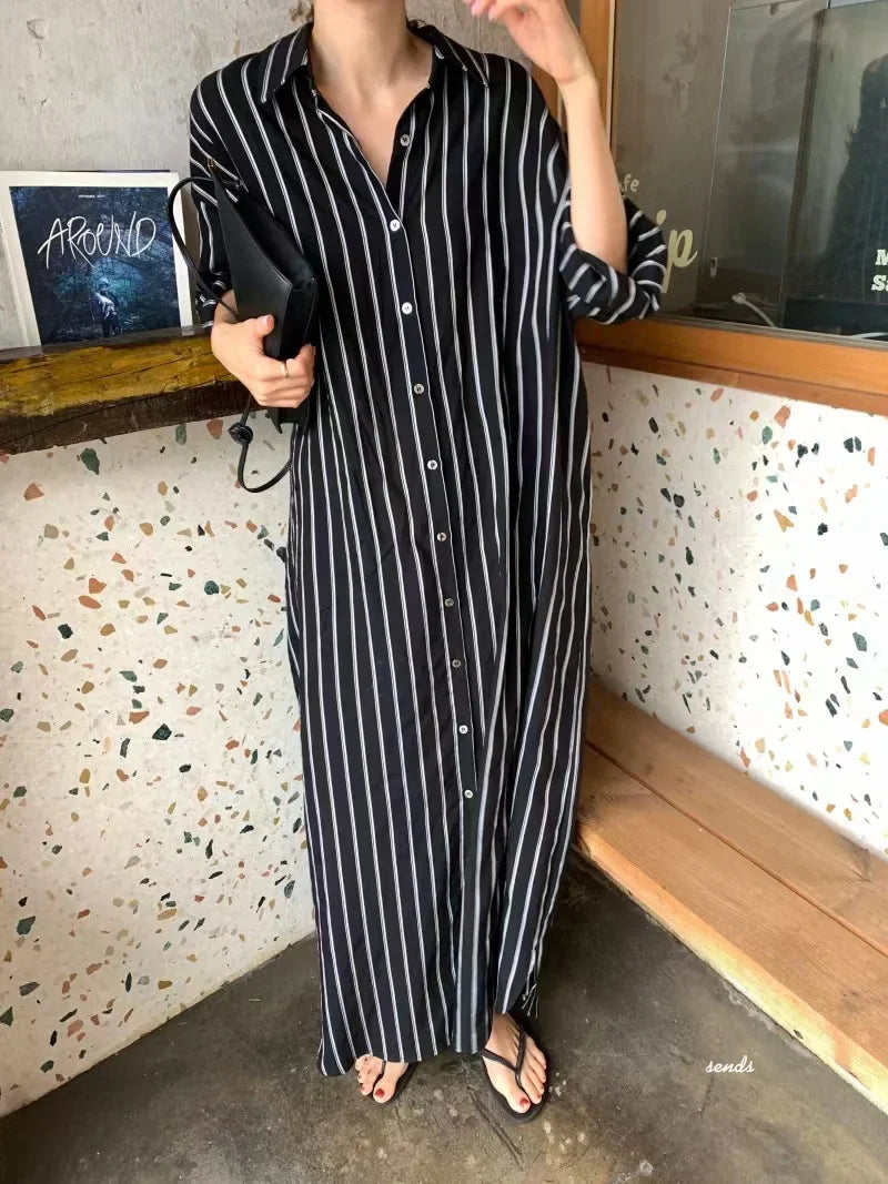 Striped Shirt Dress For Women Vintage Single Breasted