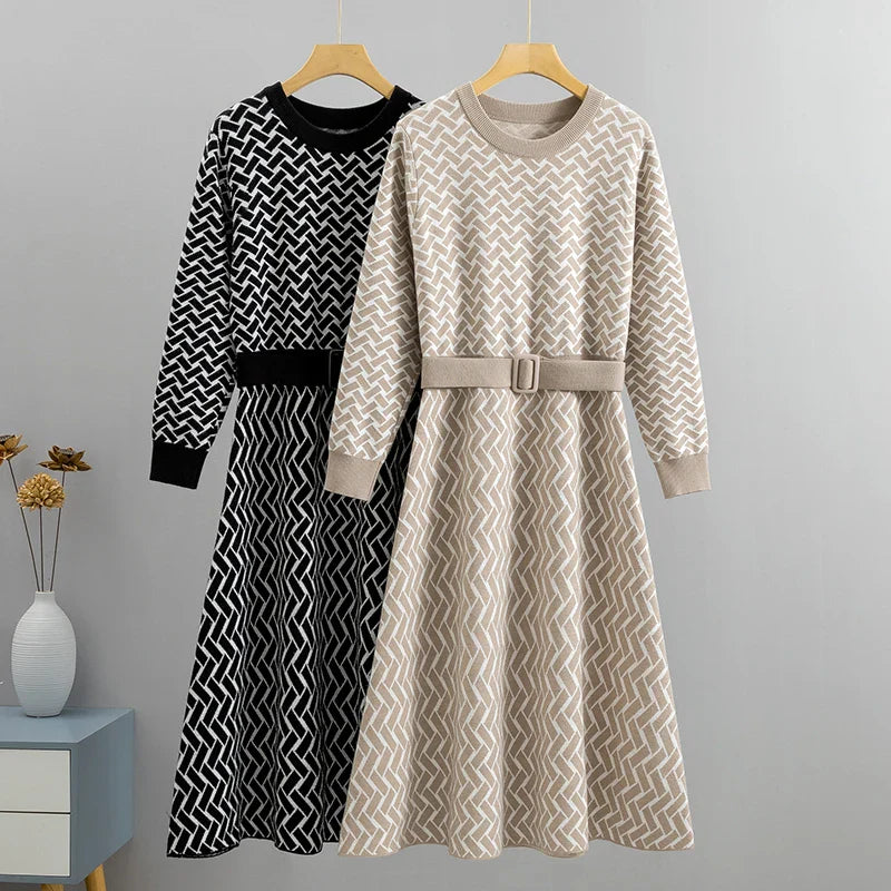 Jacquard Knit Sweater Dress With Belt Elegant Pleated Maxi