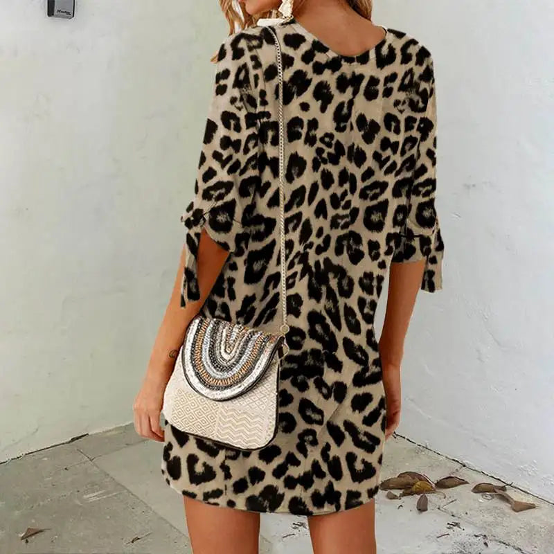 Leopard Print Boho Mini Dress For Beach Sundress Casual