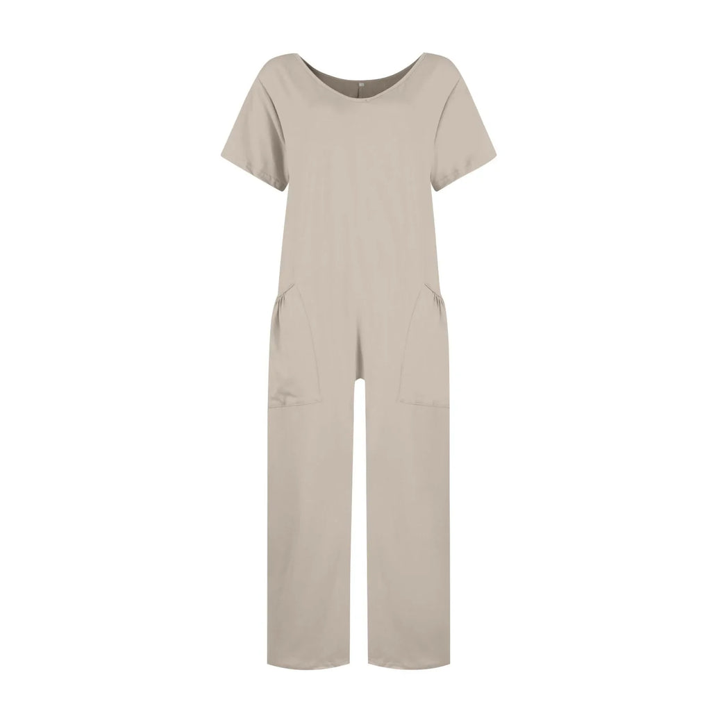 Women's Casual Short Sleeve Pullover Jumpsuit Loose Fit with Pockets Comfortable Lightweight Bodysuit Trendy Summer Romper